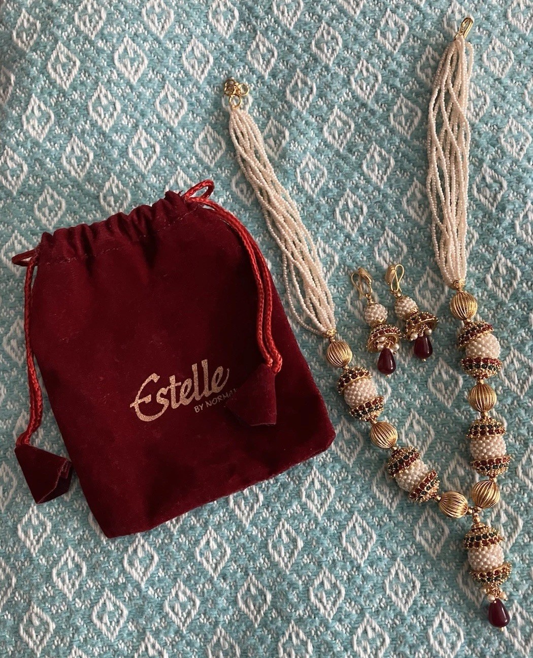 Estelle By Normak Ivory, Gold, Red & Green Beaded Necklace & Earrings Set VTG