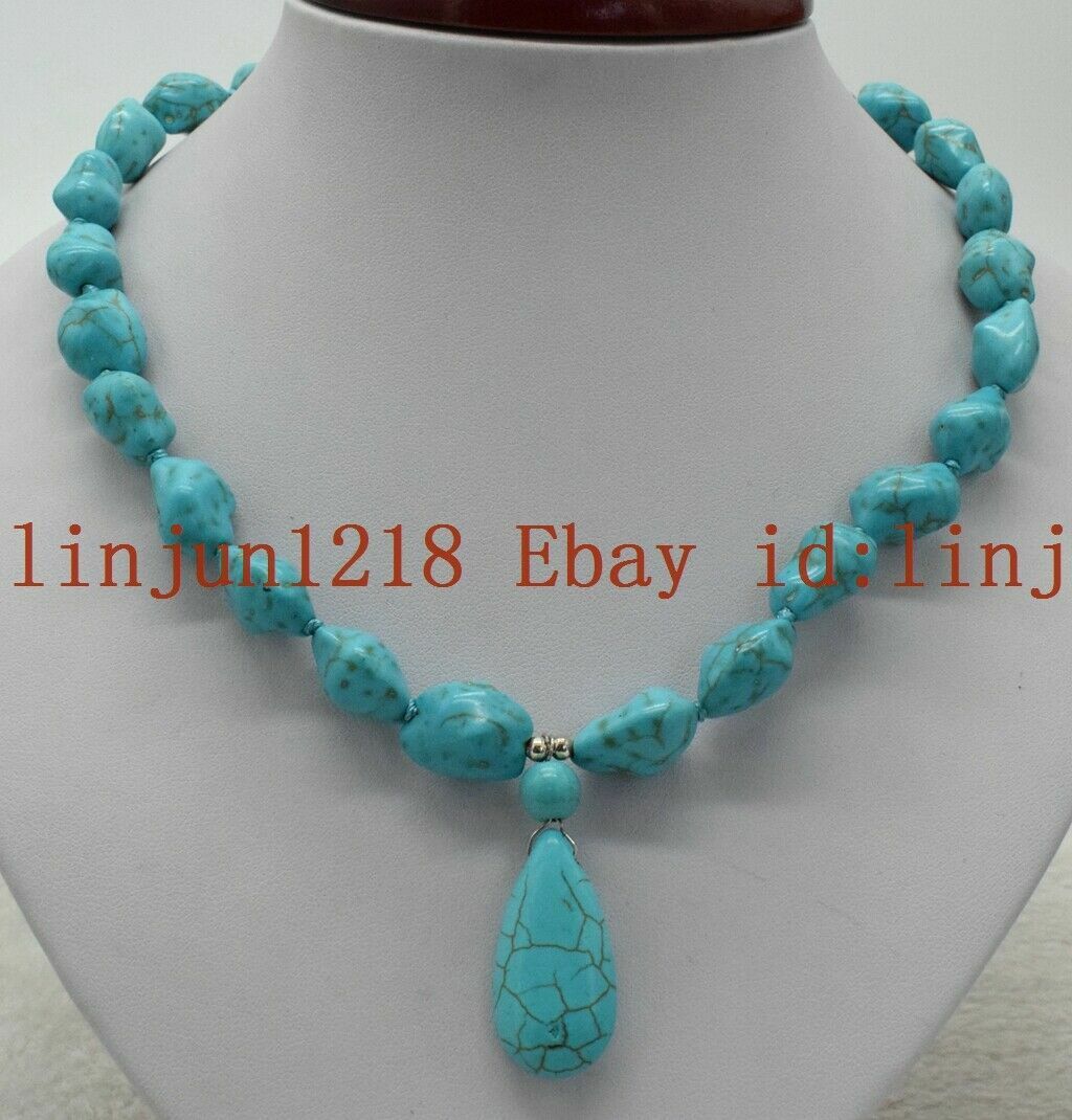 Natural 10x14mm Blue Irregular Turquoise Gemstone Pendant Necklace 24”