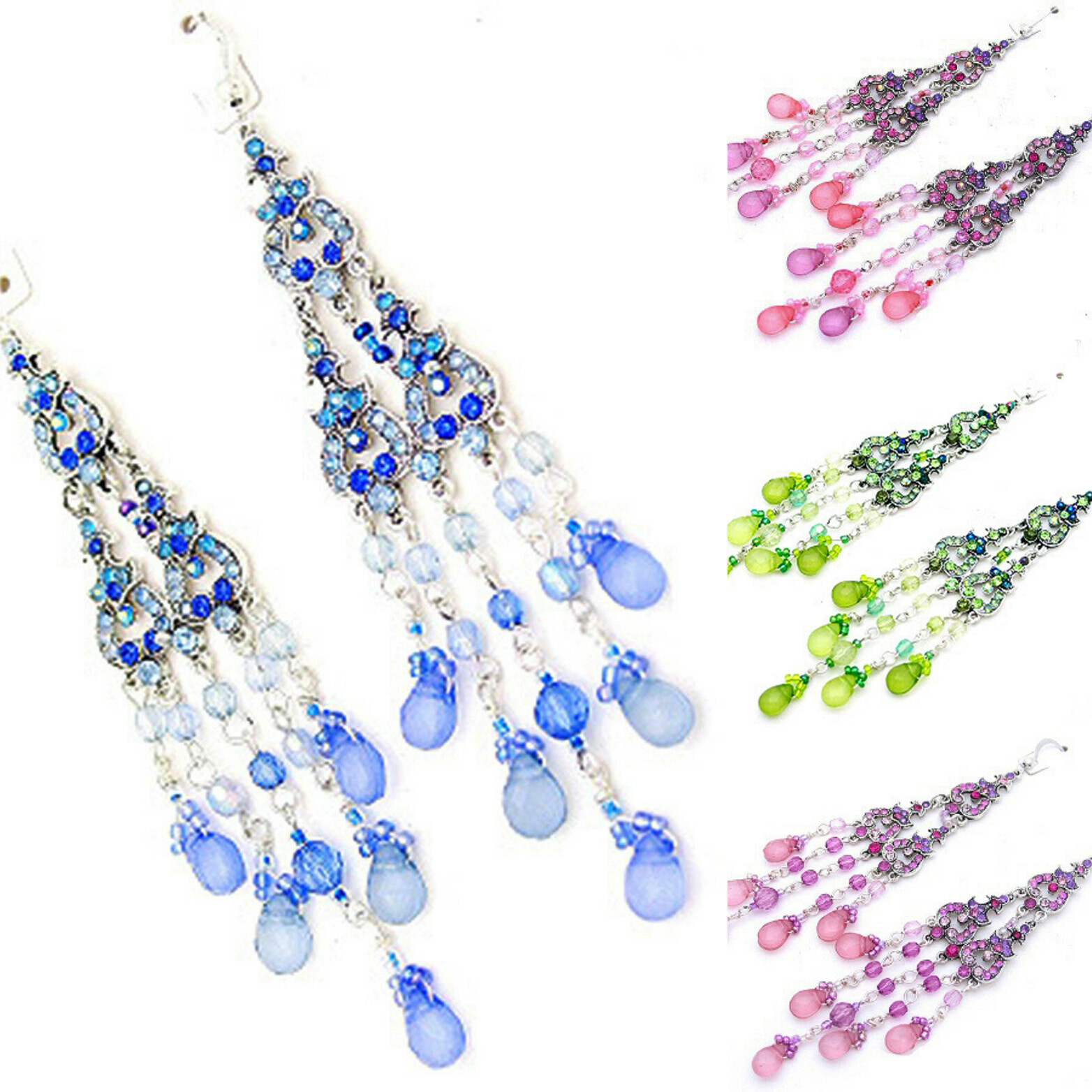 DESIGNER INSPIRED 4.5 in BLUE PINK GREEN OR PURPLE CRYSTAL CHANDELIER EARRINGS