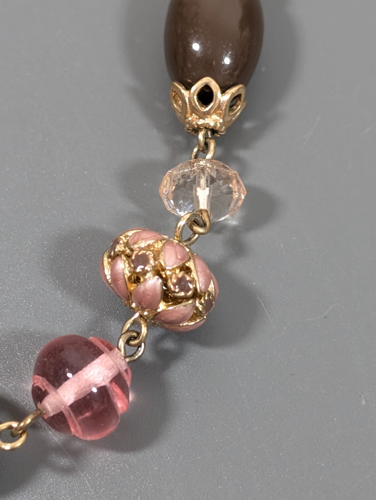 Retro Pink Brown Enamel Egg Bead Triple Chain Neckalce 19 in