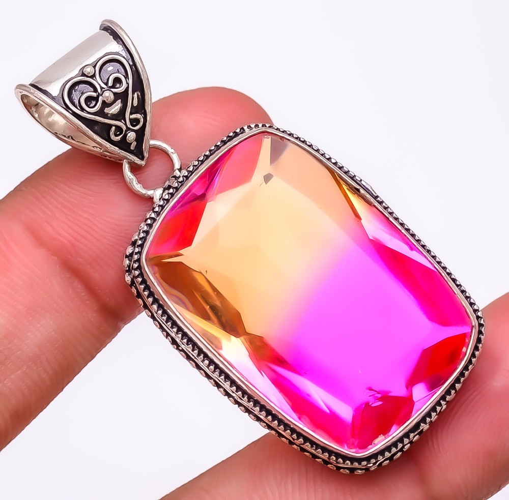 Bi-Color Tourmaline Gemstone 925 Silver Plated Jewelry Pendant 2.0″ S2735