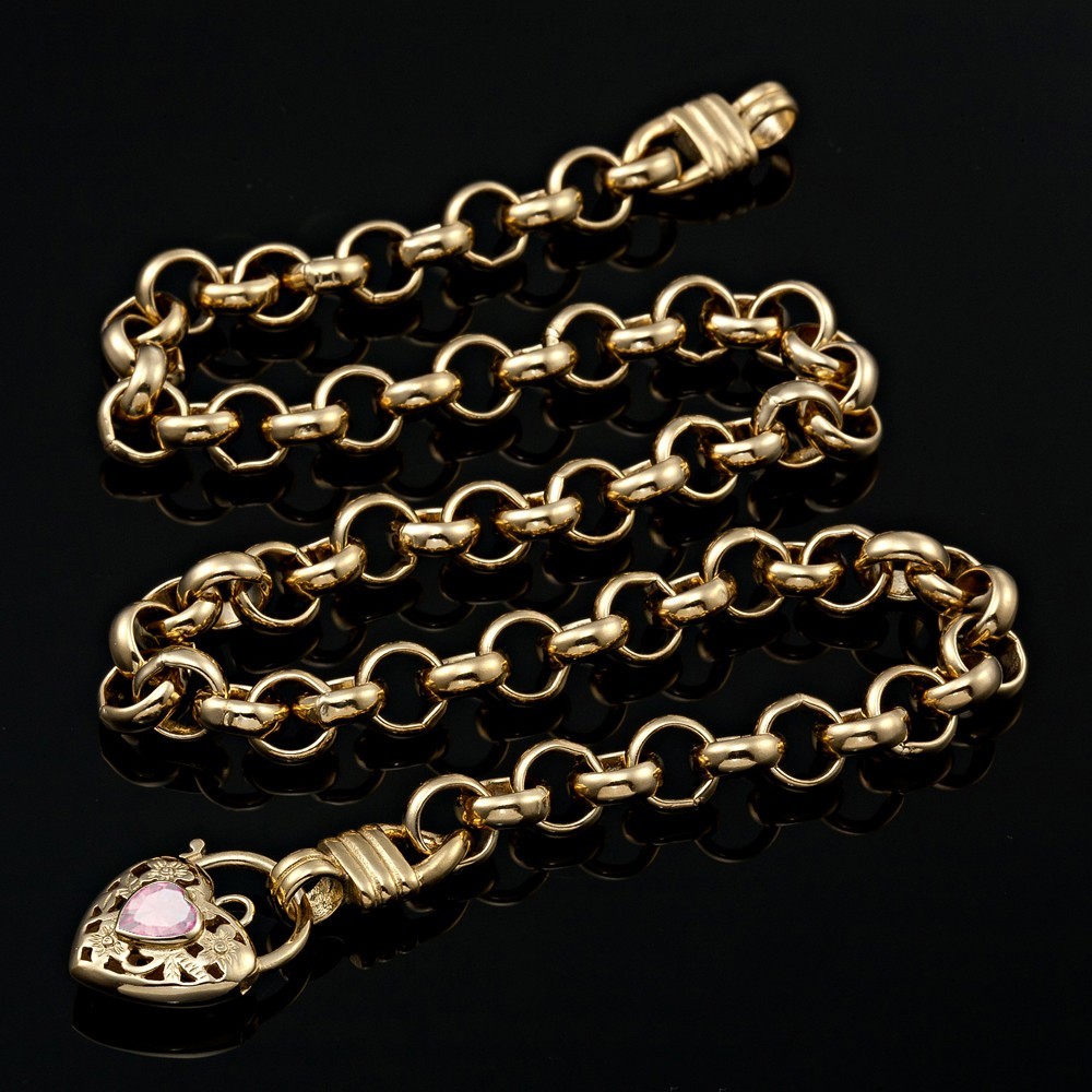 18K GL Thick Solid Belcher Yellow Gold Necklace Filigree Heart Padlock Rose Pink