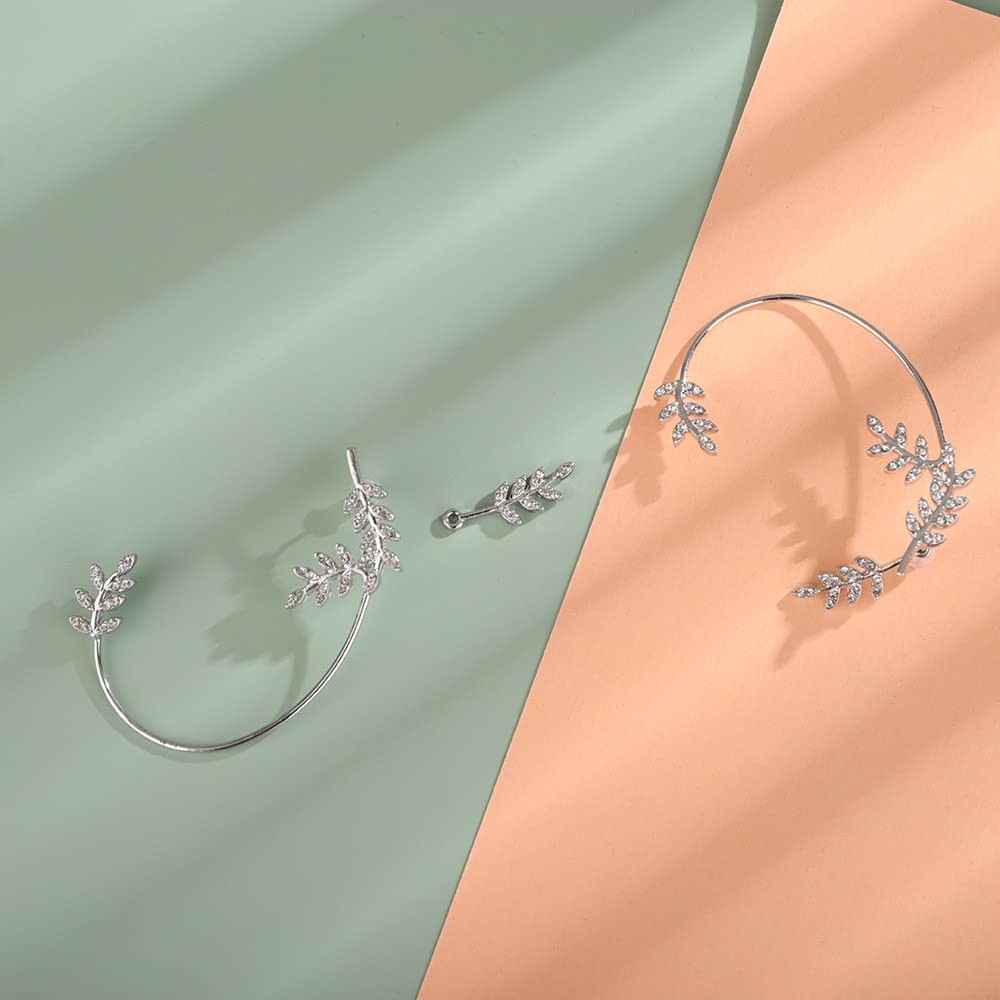 Jumwrit Rhinestone Ear Cuffs Leaf Jacket Climber 5.5cm x 3.5cm, Silver