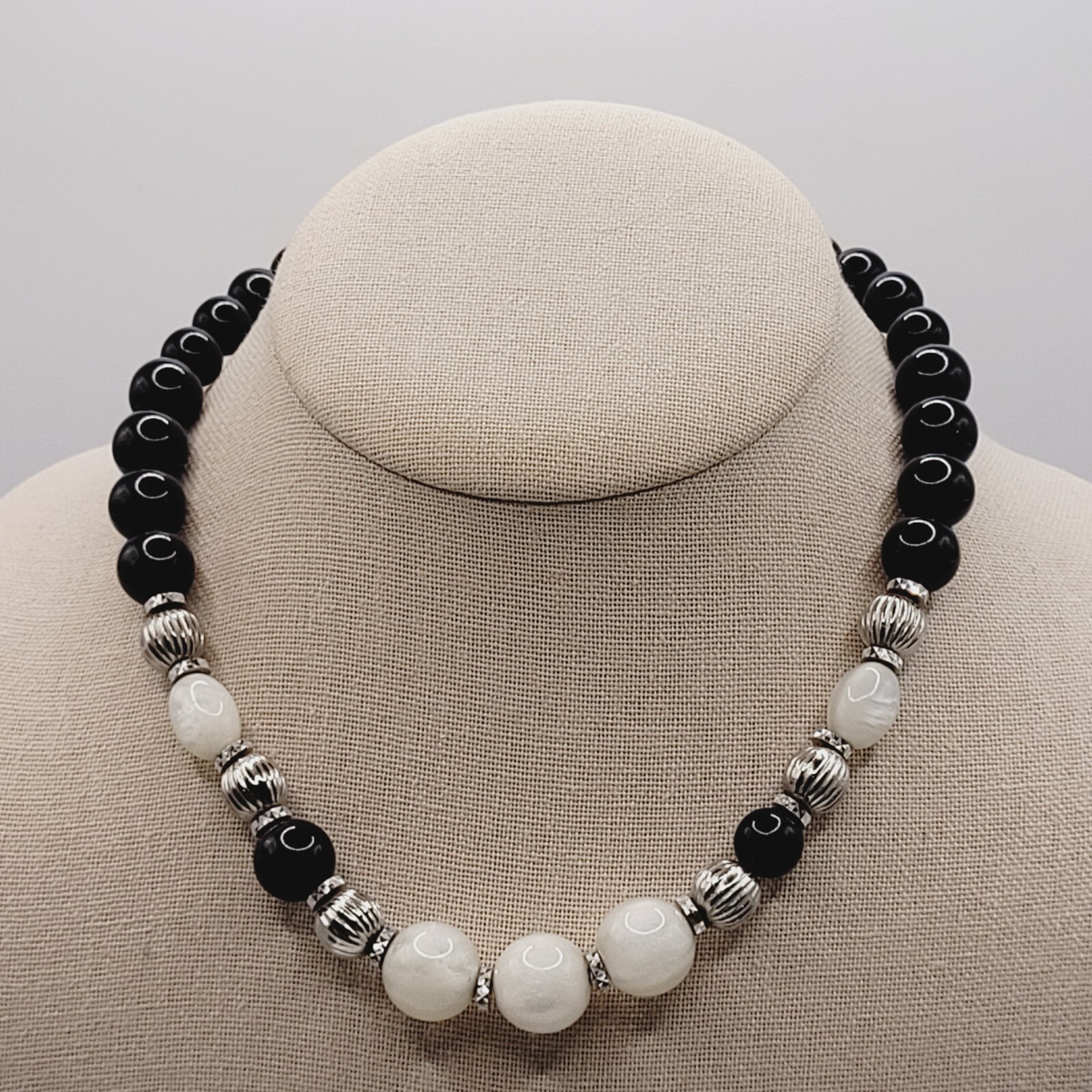 1928 Graduated Black and White Lucite Glow Beaded Necklace Silver Tone Unmarked