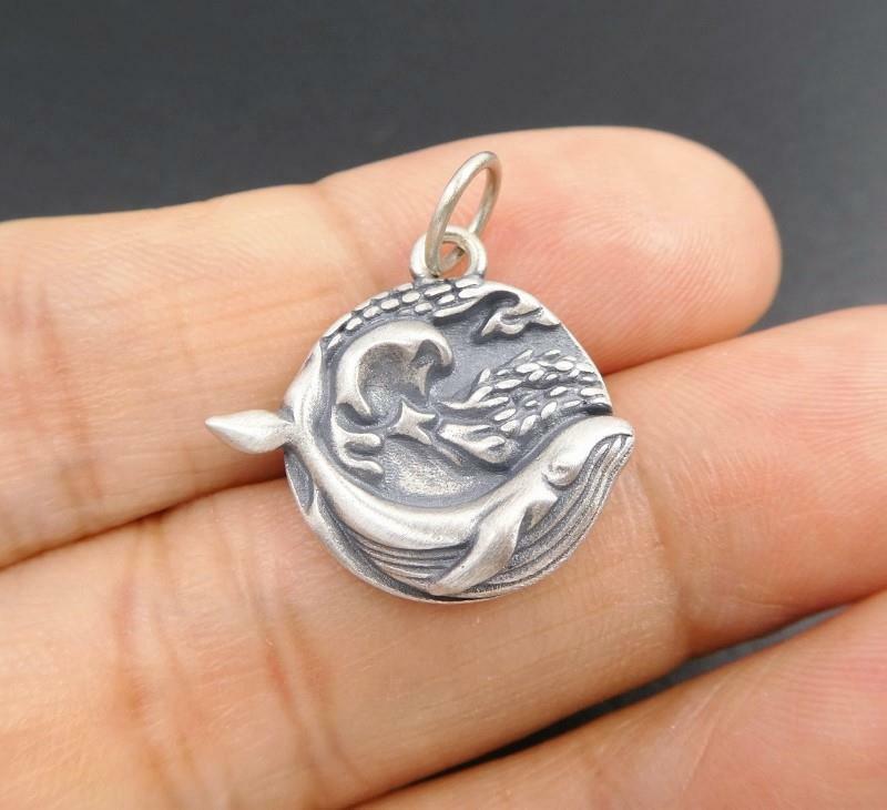 Handmade Sterling Silver Whale in Ocean Wave Small Round Charm Pendant Unique