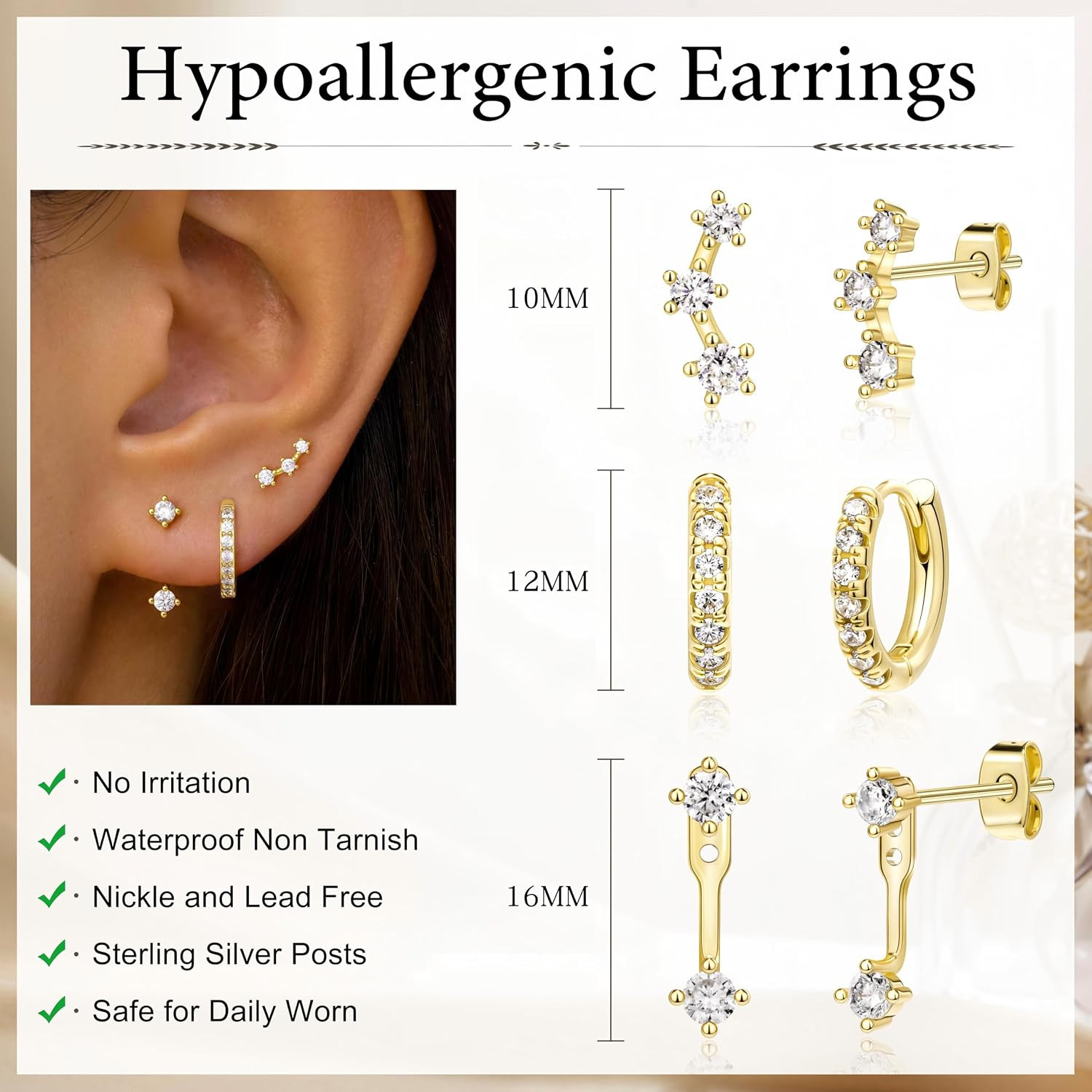 3 Pairs Dainty Small Earrings Set for Women Trendy, Birthstone Stud Huggie Hoop