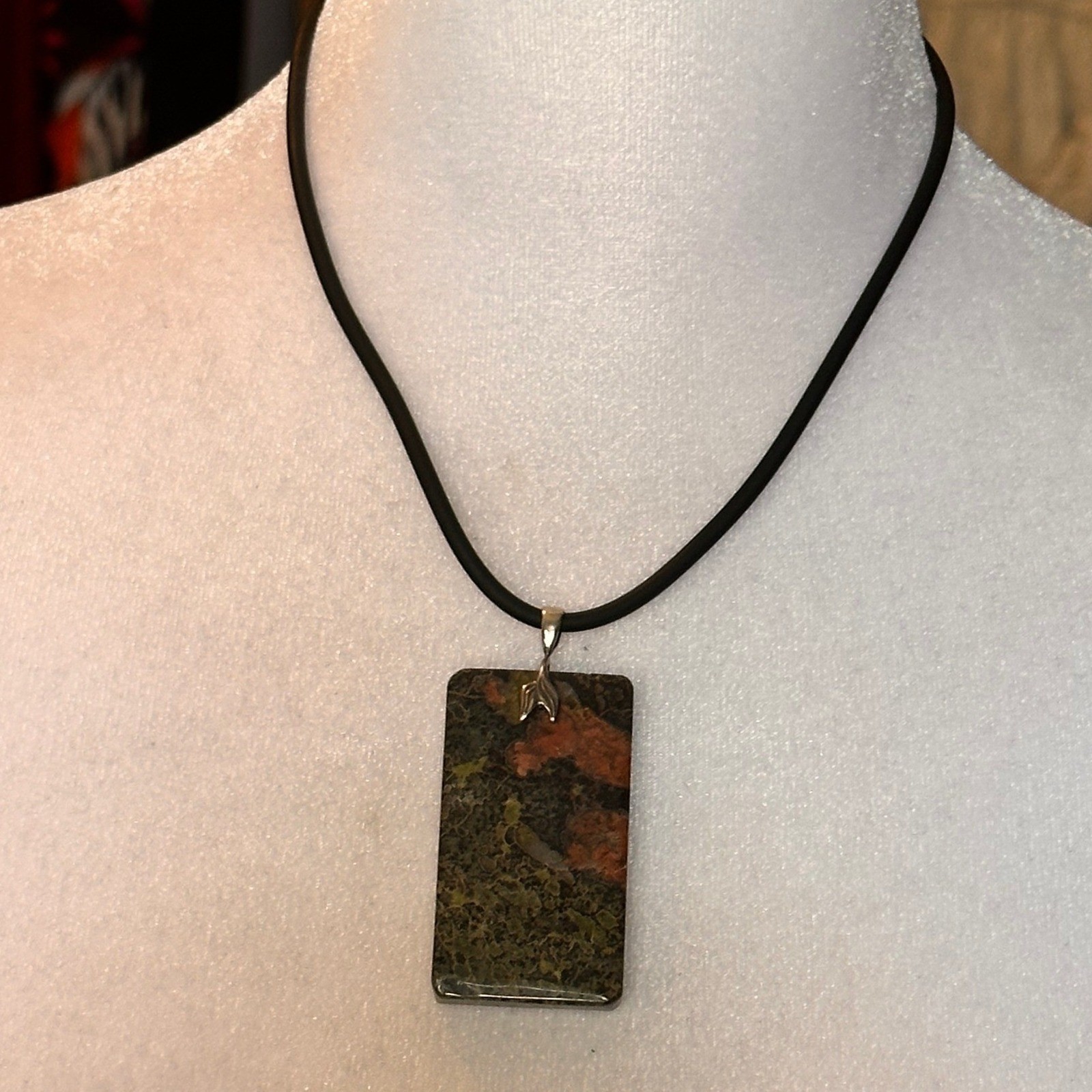 Dragonblood Jasper Pendant Necklace Green Pink Stone Sterling Silver Black Cord