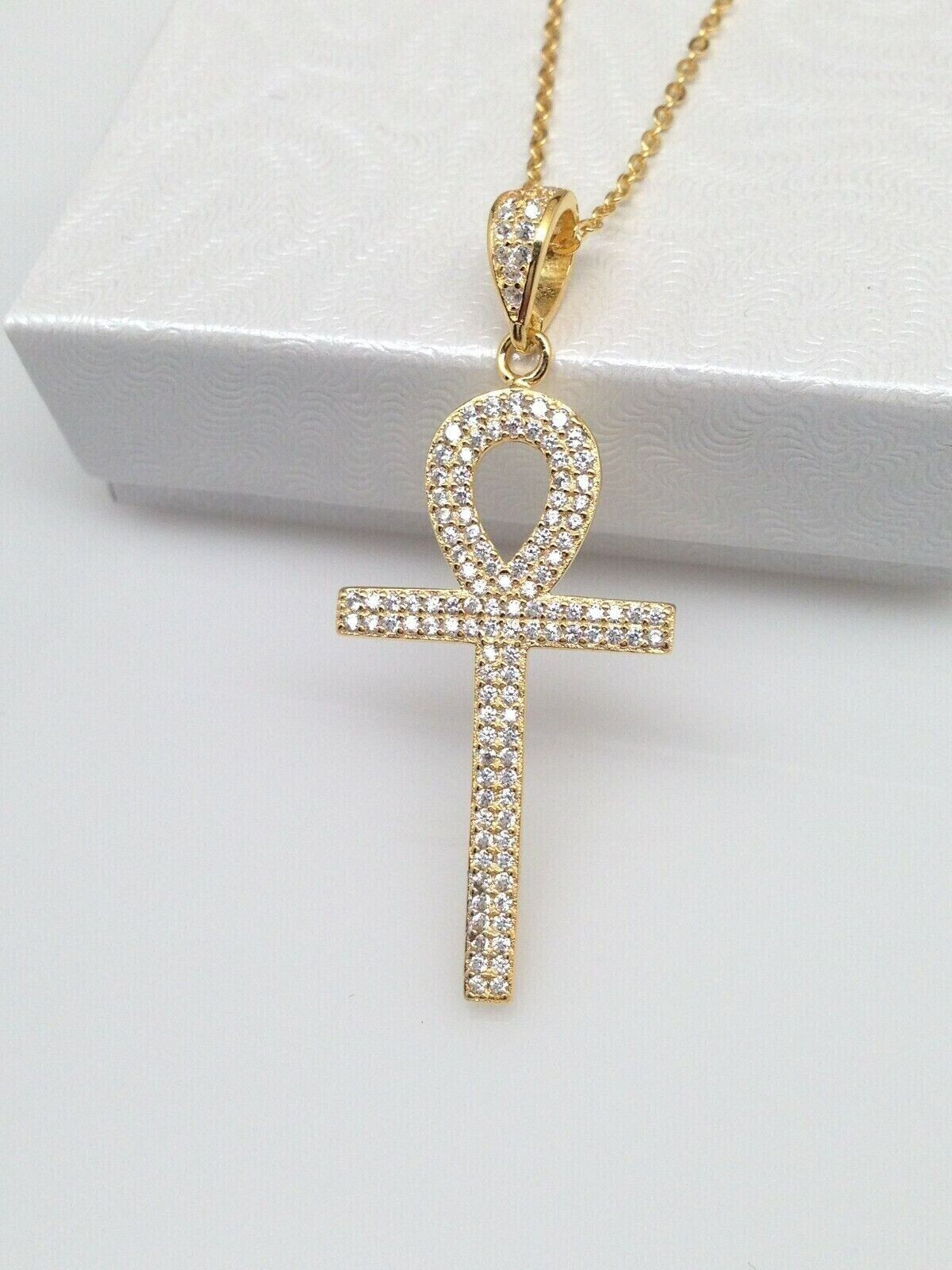 925 Sterling Silver CZ Ankh Cross Pendant Necklace Gold Women 30mm/1.18″ 19.75″
