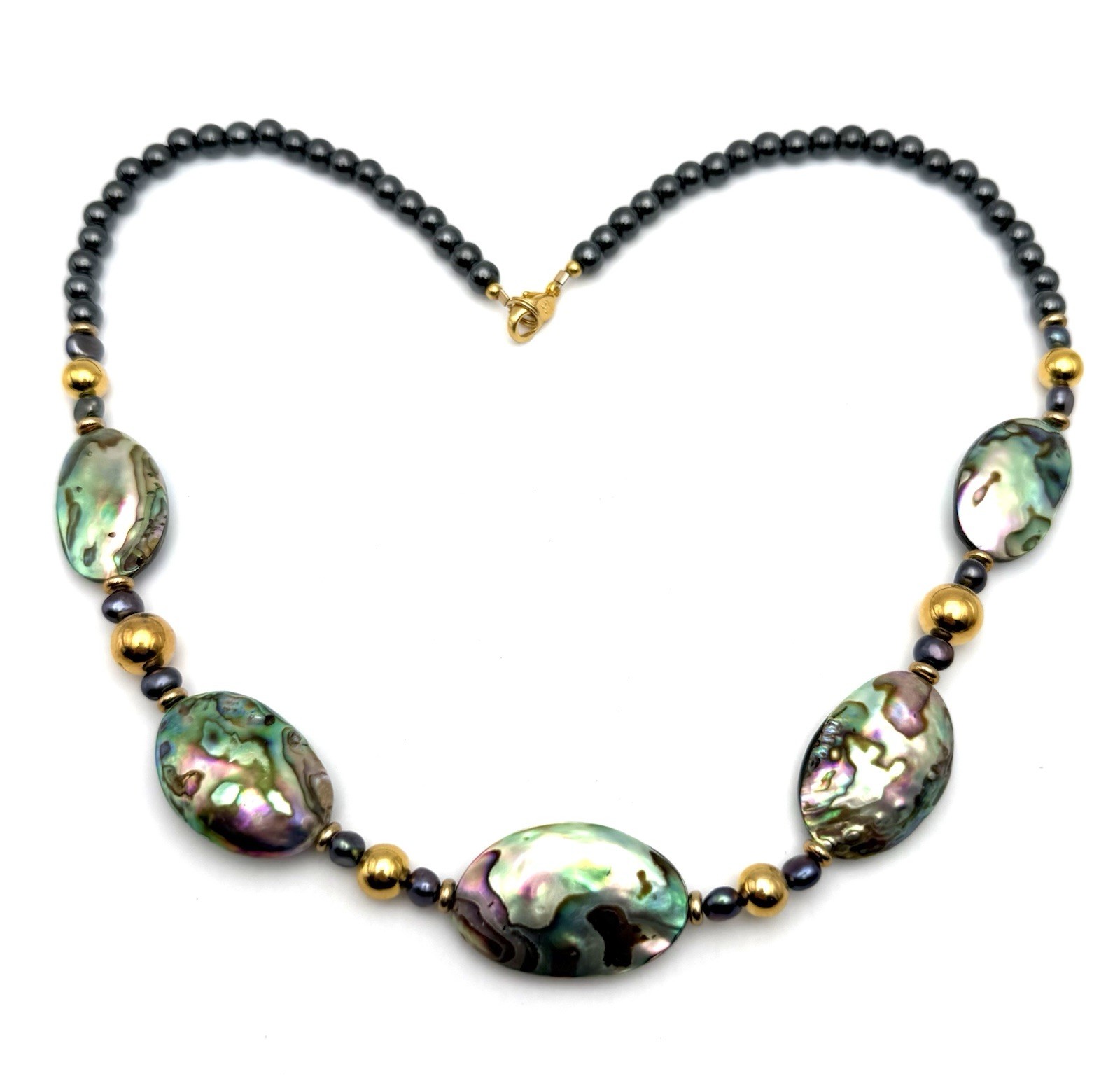 LEE SANDS Abalone Paua Shell, Pearl & Hematite Bead Gold Tone Necklace 22″ 1B
