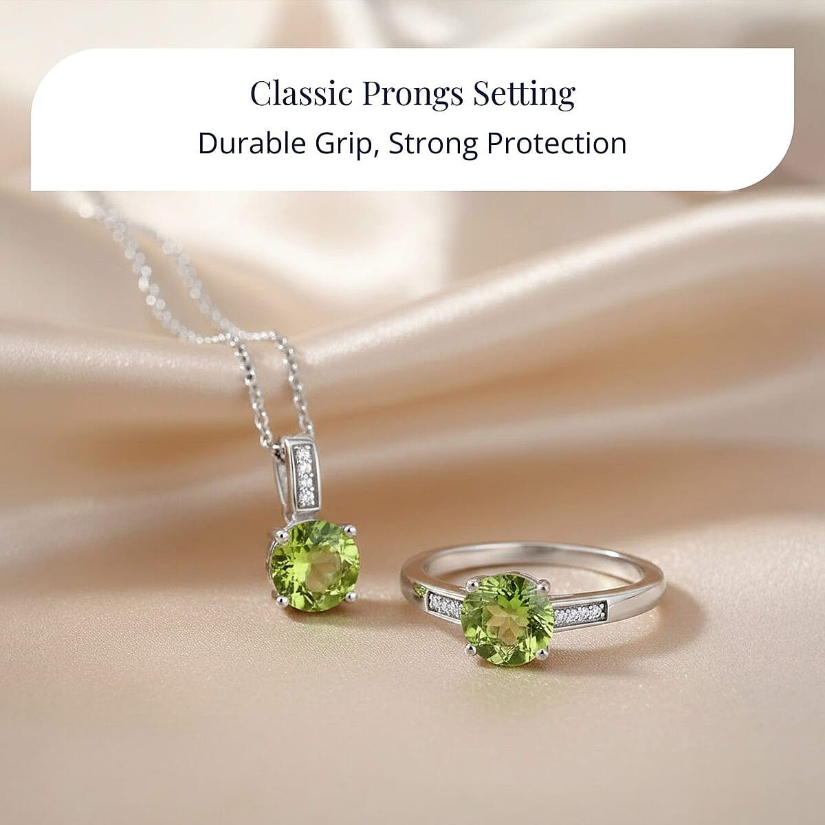 3.15ctw Hebei Peridot & Moissanite Ring & Pendant Set Rhodium Plated Size 7