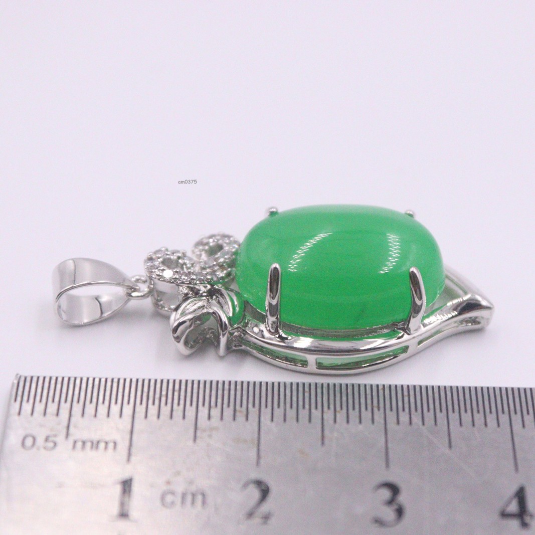 New White Plated Alloy Handmade Green Jade Zircon Raindrop Pendant 36*17MM