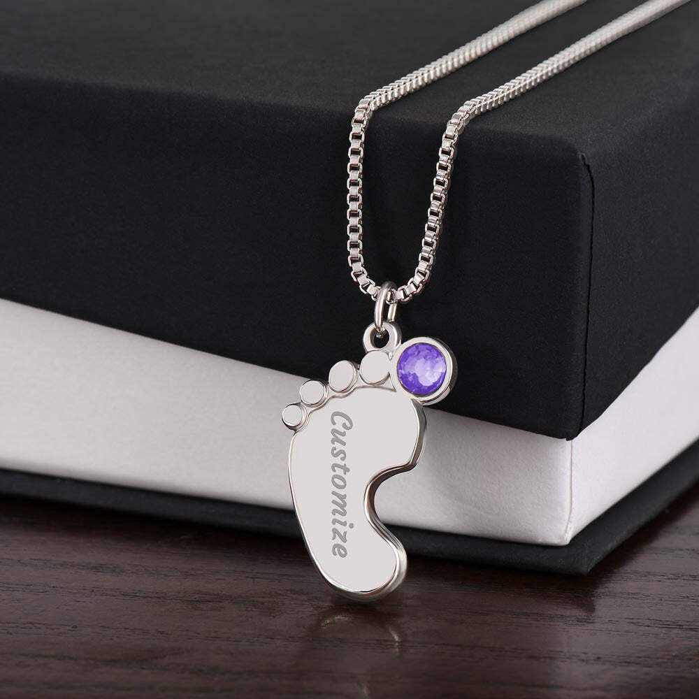 Personalized Engraved Baby Feet Necklace With Birthstone