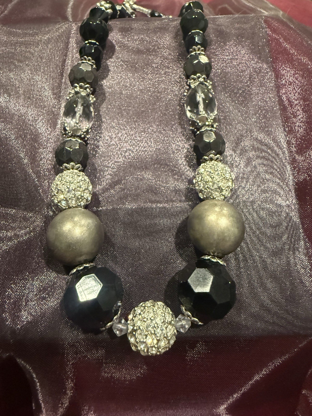 Vintage Statement Necklace Gunmetal W/ Black Faceted And Marcasite Beads 18 in