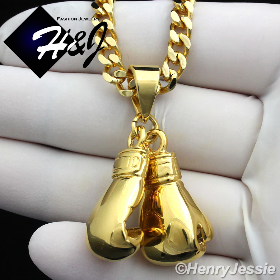 18-36″MEN Stainless Steel 5mm Gold Plated Cuban Chain Boxing Glove Pendant*87