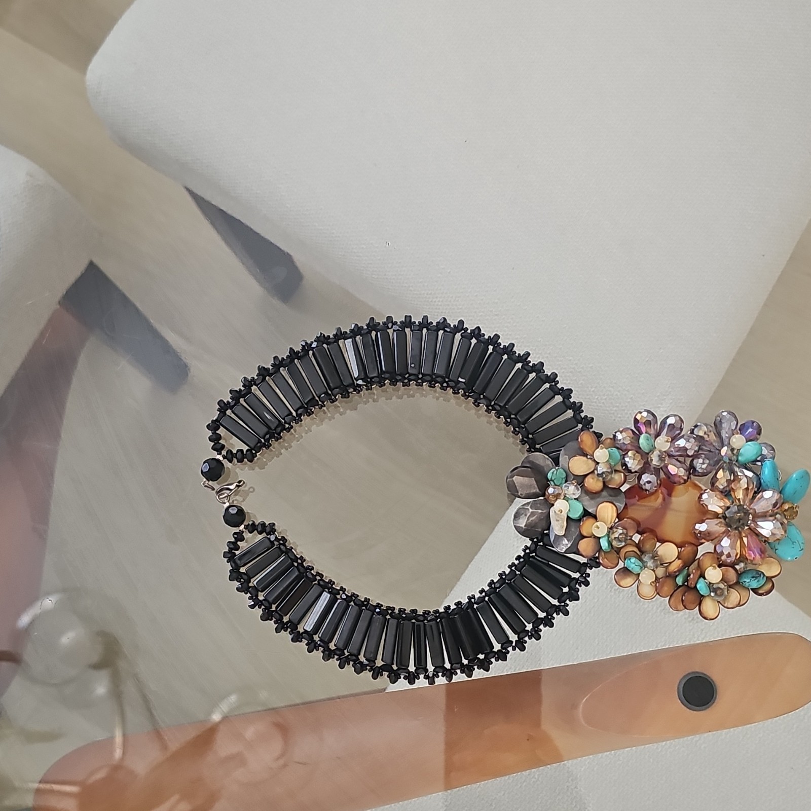 Black Beaded Statement Bib Necklace Multicolor Teardrop Crystal Pendant