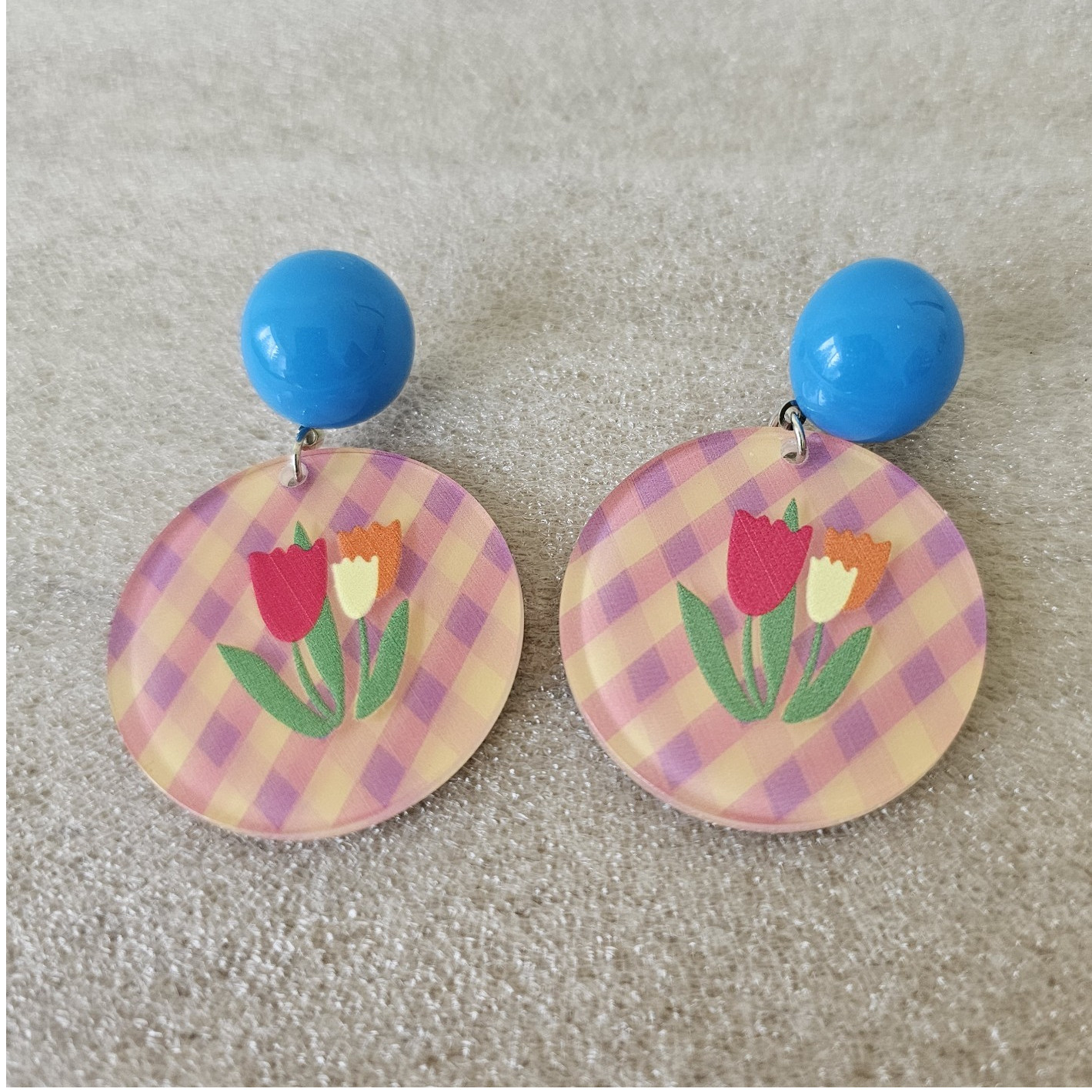 Round Floral Disc Stud Dangle Earrings Multicolor Plastic Butterfly Closure
