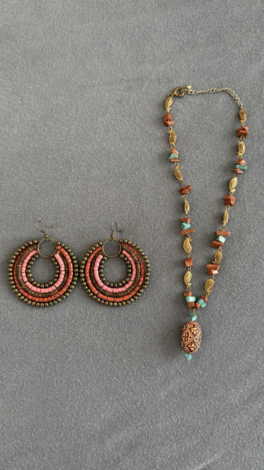 Bohemian Beaded Necklace & Earrings Jewelry Set Gold Tone Red Turquoise