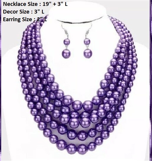 Shiny Purple Cocktail Chunky Necklace Pearl Multi Strand Earrings Layered Bead
