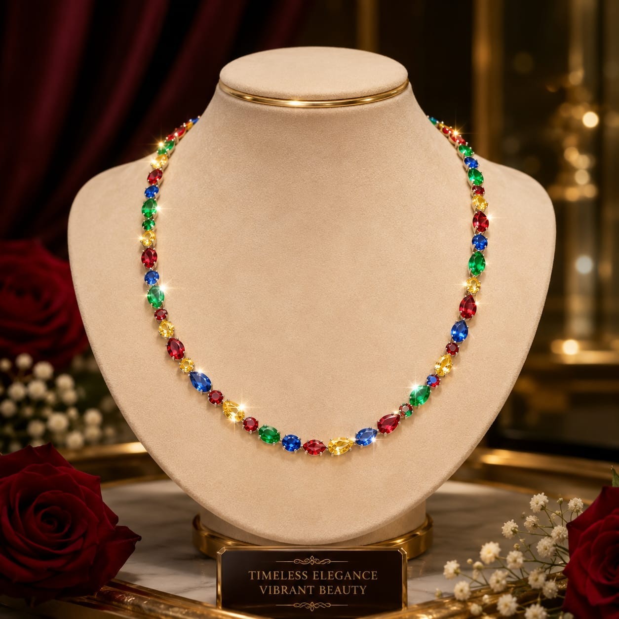 21ct Simulated Multi-Color Gemstones Women’s Tennis Necklace Yellow Gold Plated