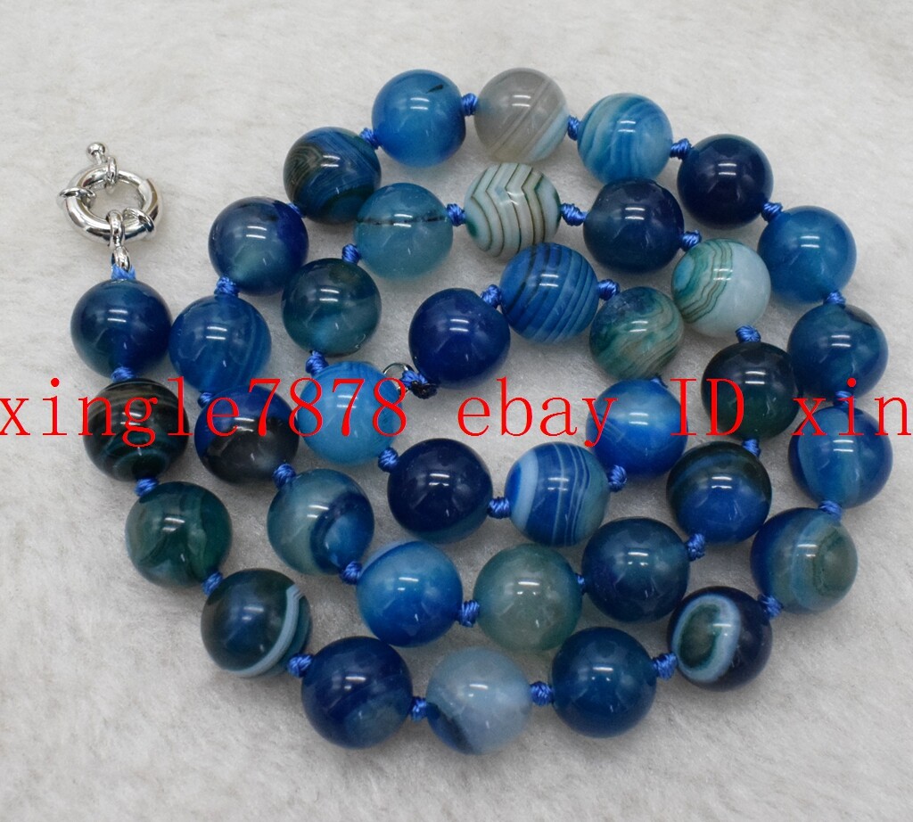Natural 6/8/10/12/14mm Blue Striped Agate Round Gemstone Beads Necklace 20” AAA