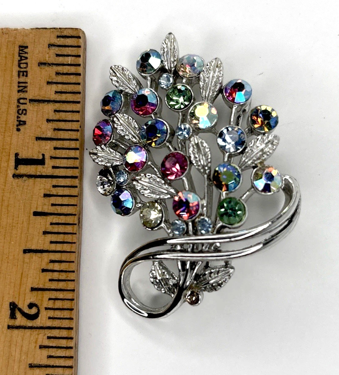 Lisner AB Rhinestone Brooch Pink Green Silver Tone Signed Vintage Floral Pin