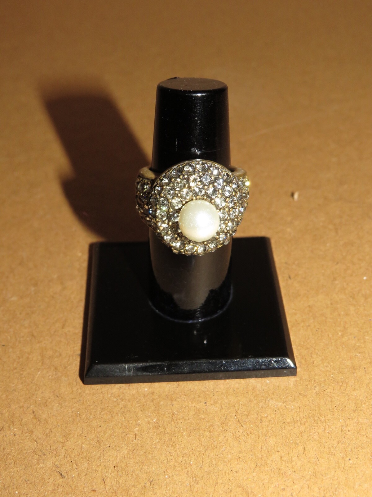 HEIDI DAUS Bronze Tone Pave Rhinestone Faux Pearl Dome Ring SZ 6.5 to 7 NEW