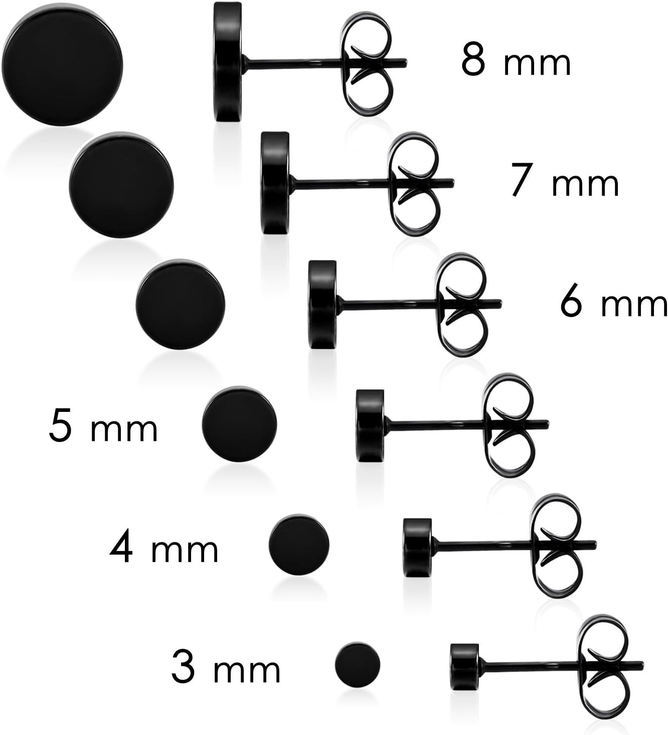 Black round Stud Earrings Set Stainless Steel Ear Studs for Men Women 6 Pairs 3M