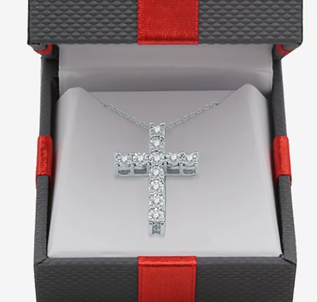 Natural White Diamond Sterling Silver Cross Pendant Necklace 1/10 Ct. T.w.