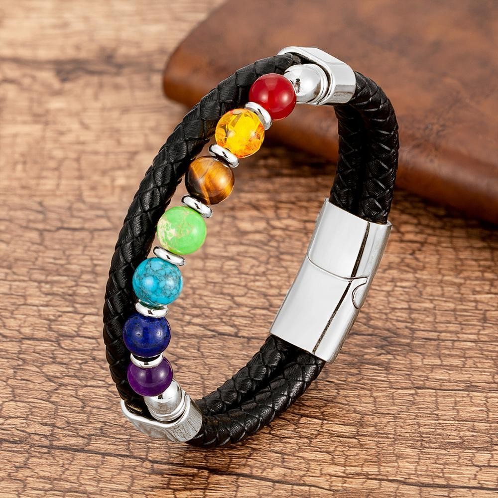 Chakra Bead Stone Bracelet Black Leather Steel Bangle for Men and Women