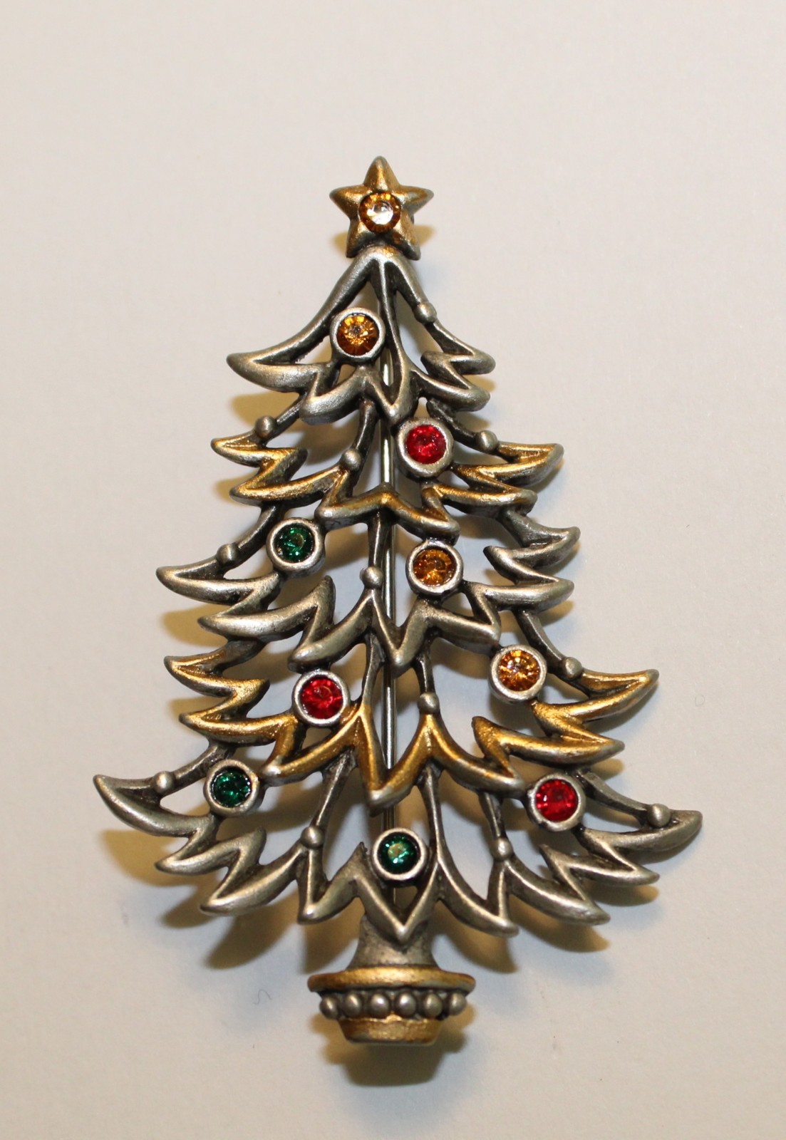 Vintage JJ Signed Christmas Tree Brooch Gold Silver Tone Rhinestones 2×1.5”