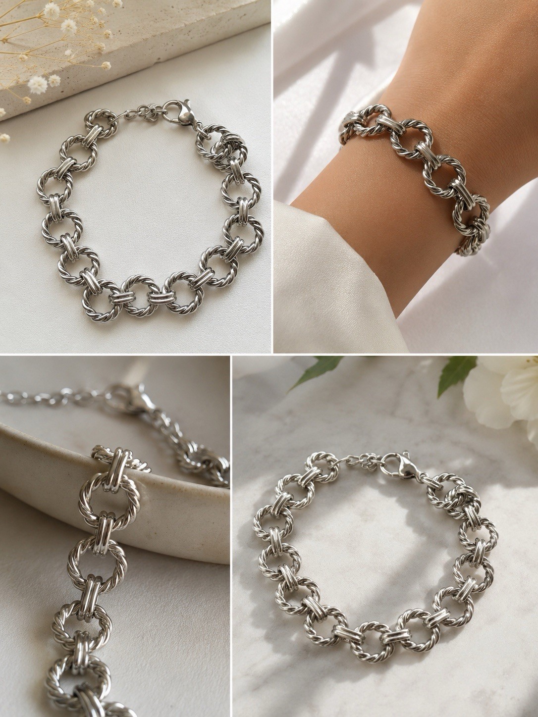 Stainless Steel Rolo Chain Link Bracelet Lobster Clasp No Stone
