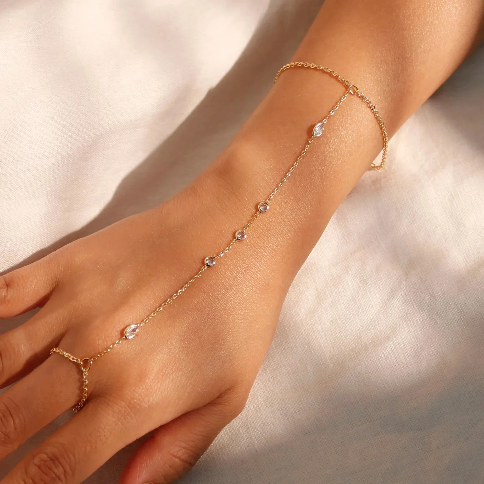 Stainless Steel Hand Chain Bracelet Women Zircon Beaded Link Ring Jewelry