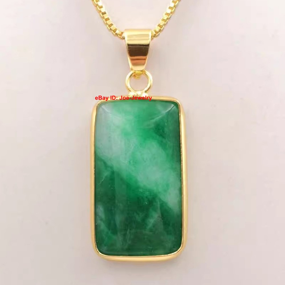 NEW Yellow-Plated Alloy Rectangle Green Jade Pendant Good Luck 35x15mm