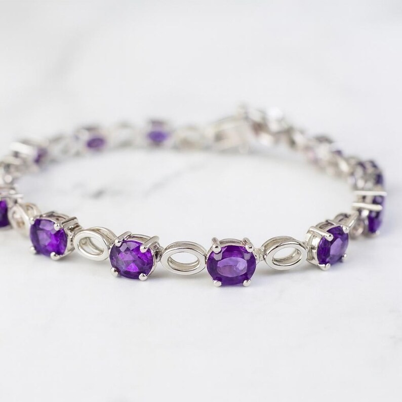 Amethyst Tennis Bracelet, 925 Sterling Silver, Natural Oval Gemstone Jewelry