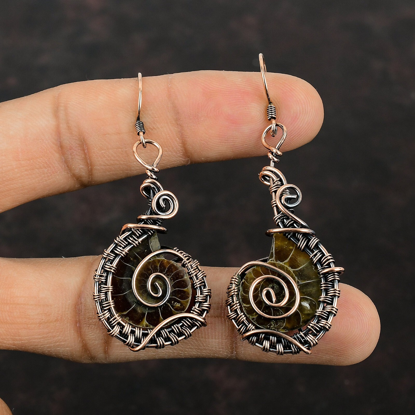 Women Day Gift Ammonite Fossil Copper Wire Wrapped Drop/Dangle Earrings 2.36″