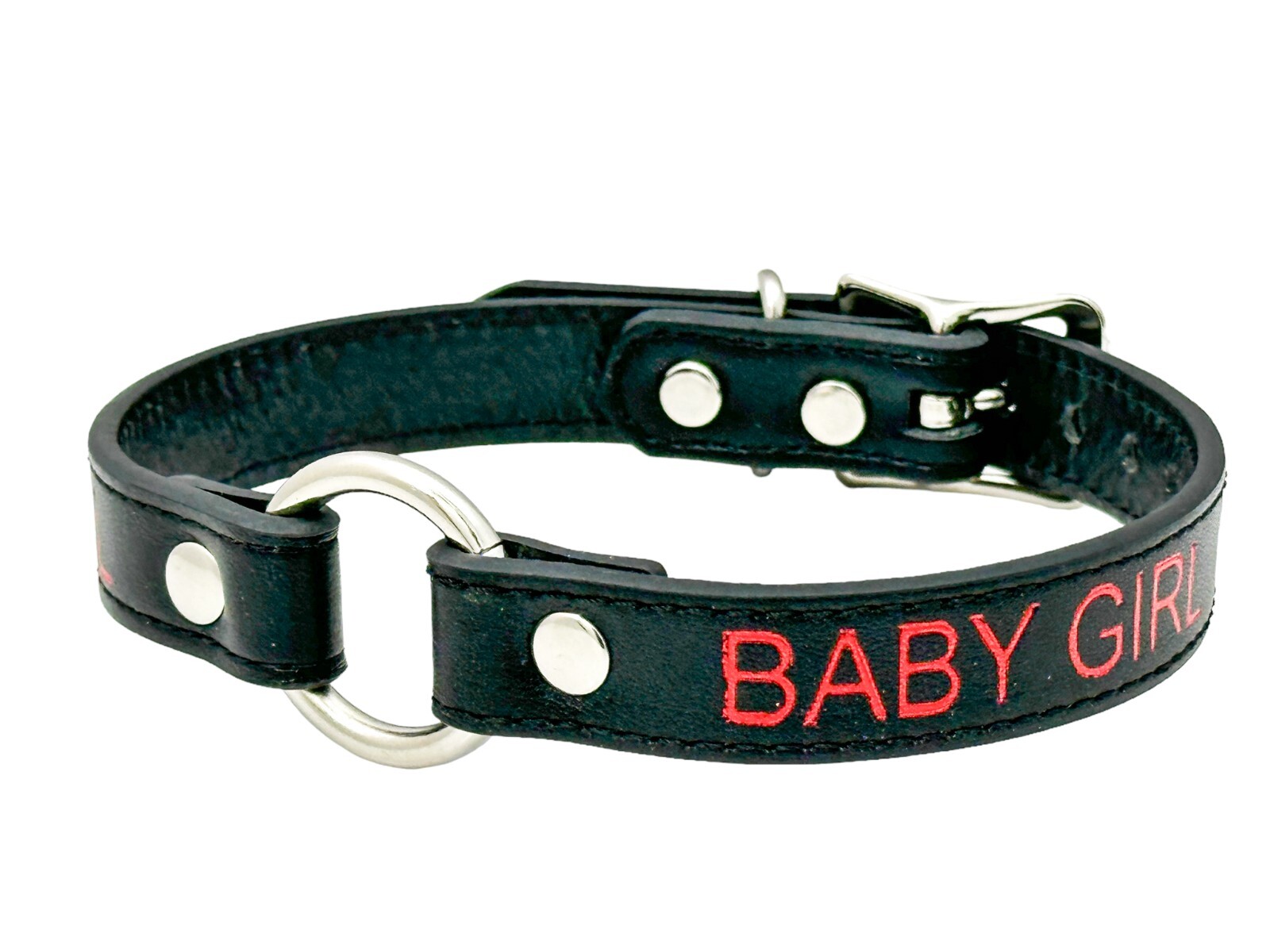 Name SILVER Ring RED Choker BDSM Collar Vegan Leather Necklace O Ring Fetish