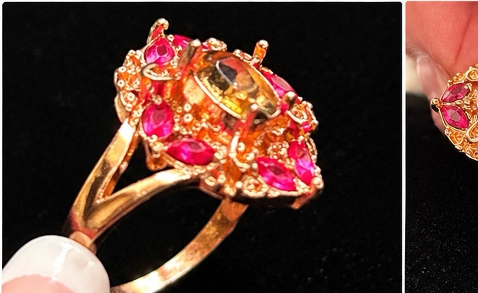 Gold-Tone Cocktail Ring Size 11 Oval Yellow Stone Pink Marquise Halo Prong