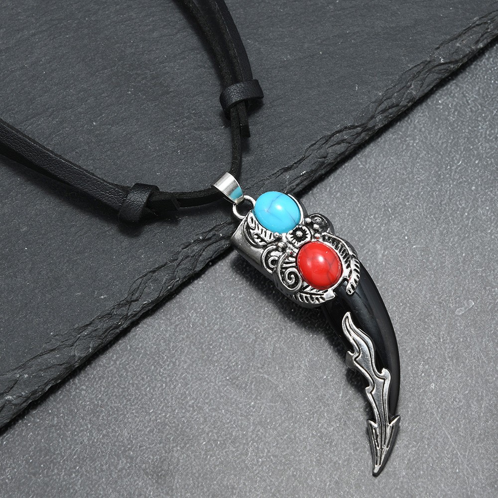 Vintage faux wolf tooth pendant, adjustable faux leather rope, men’s cyclist