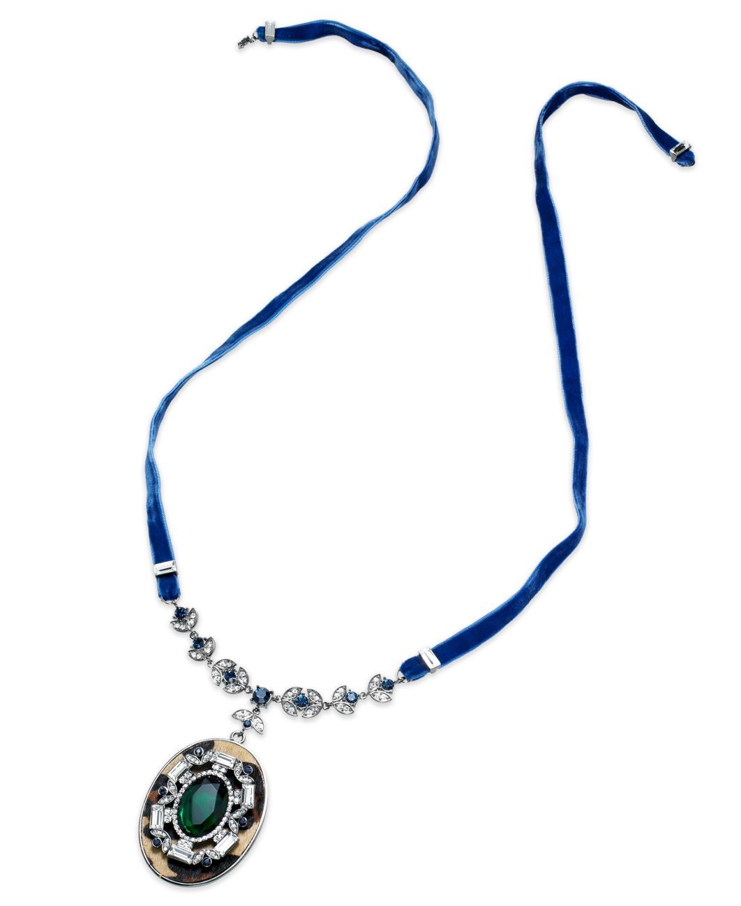 ABS by Allen Schwartz Blue Green Gem Leopard Haircalf Pendant Ribbon Necklace