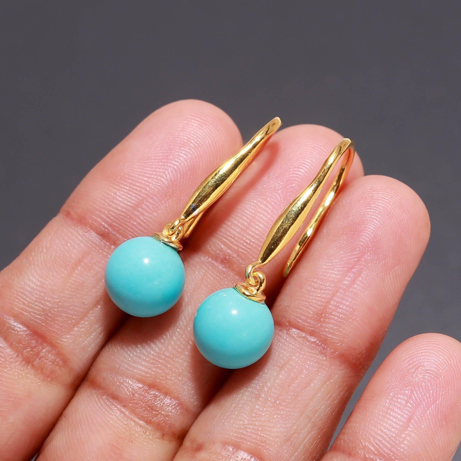 Natural Turquoise Ball Dangle Earrings Gold Plated 925 Sterling Silver Jewelry