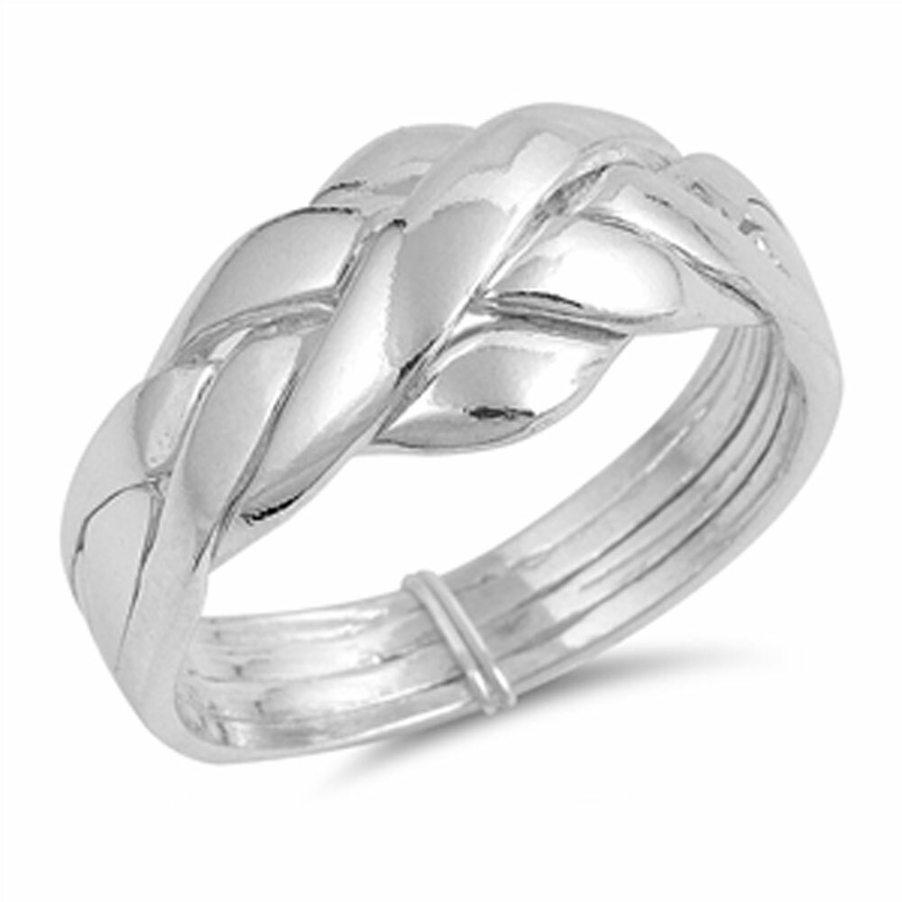 Men Women Sterling Silver 4 pcs Band Puzzle Ring 11mm / Free Gift Box