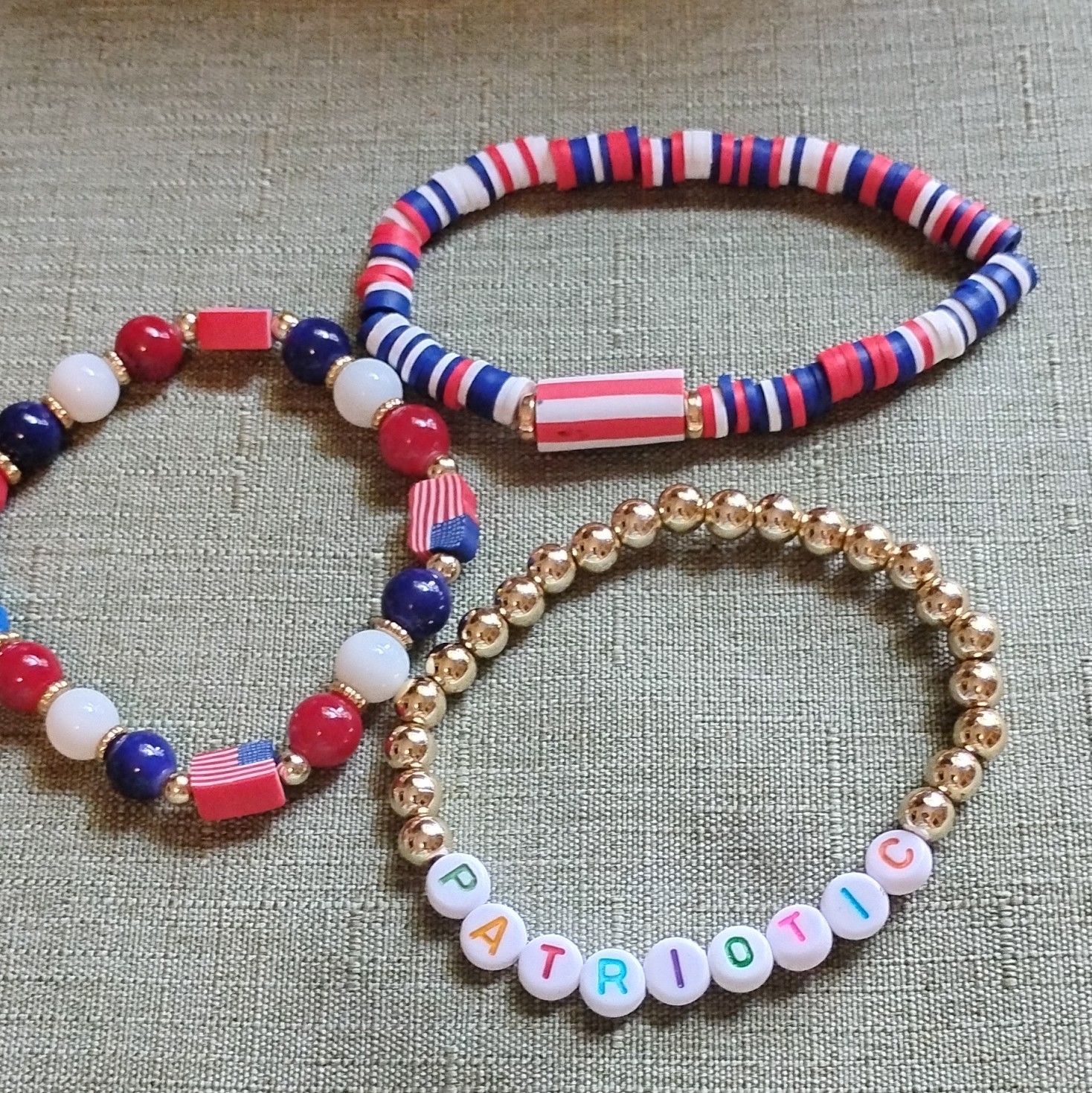 Set of 3 Patriotic Beaded Stretch Bracelets. Happy 250th America. Item#5004.