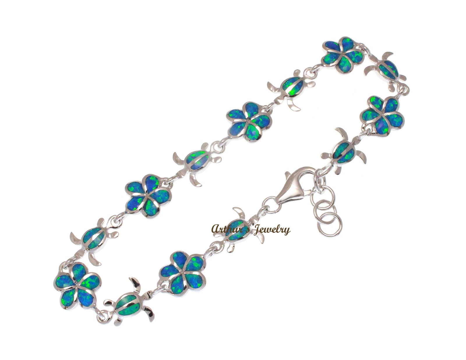 INLAY OPAL SILVER 925 HAWAIIAN PLUMERIA FLOWER HONU TURTLE LINK BRACELET 7″+