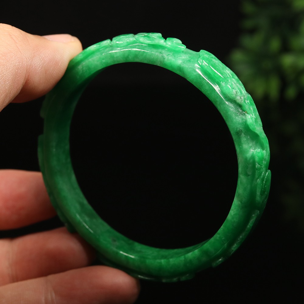 59mm Emerald Green Jadeite Jade Bangle Bracelet Handmade Ruyi Flower Bat A-14505