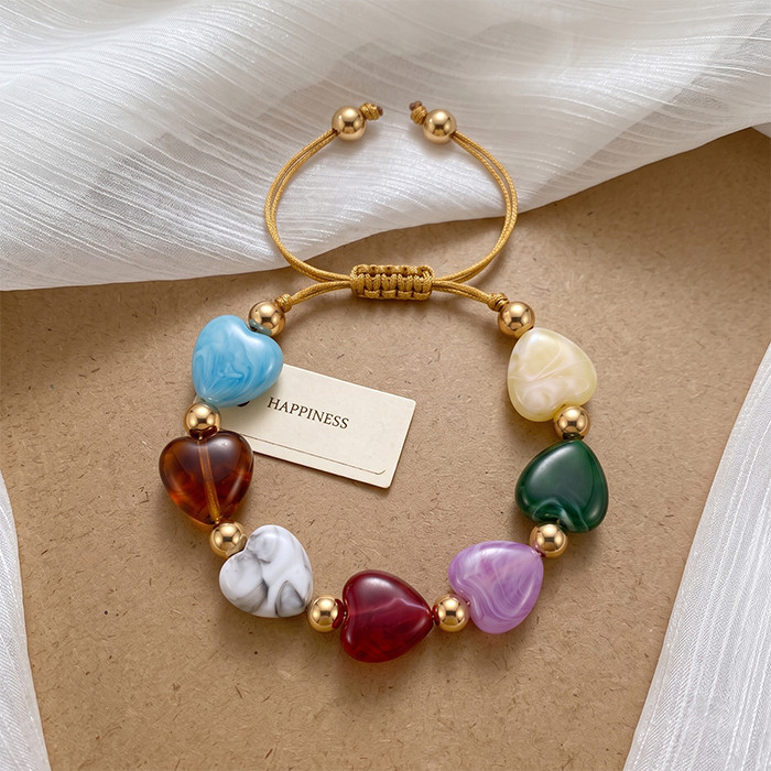 Multicolor Marbled Heart Glass Bead Braided Adjustable Bracelet