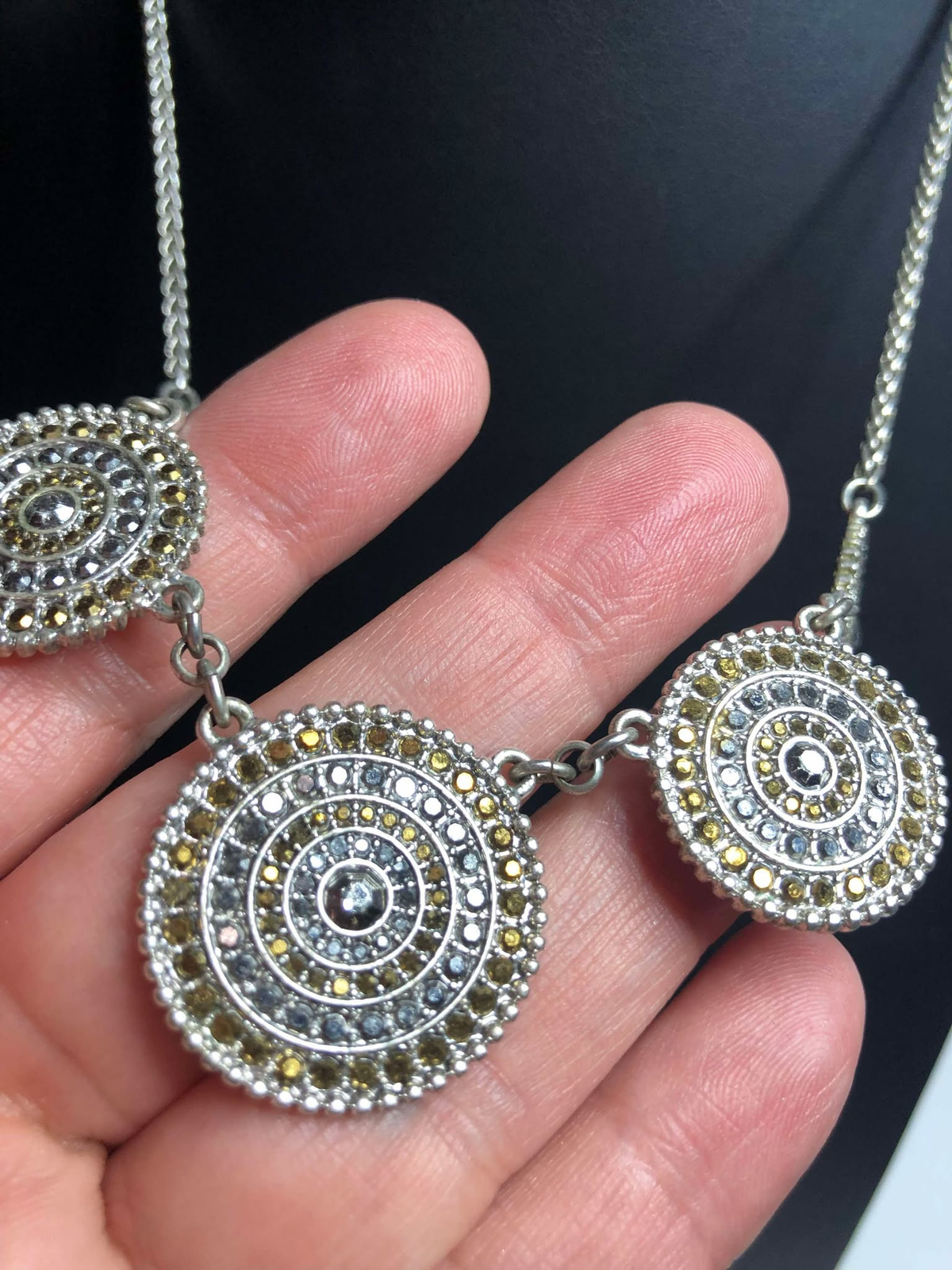 2754 Lucky brand silver tone medalian faux marcasite necklace 18-20″