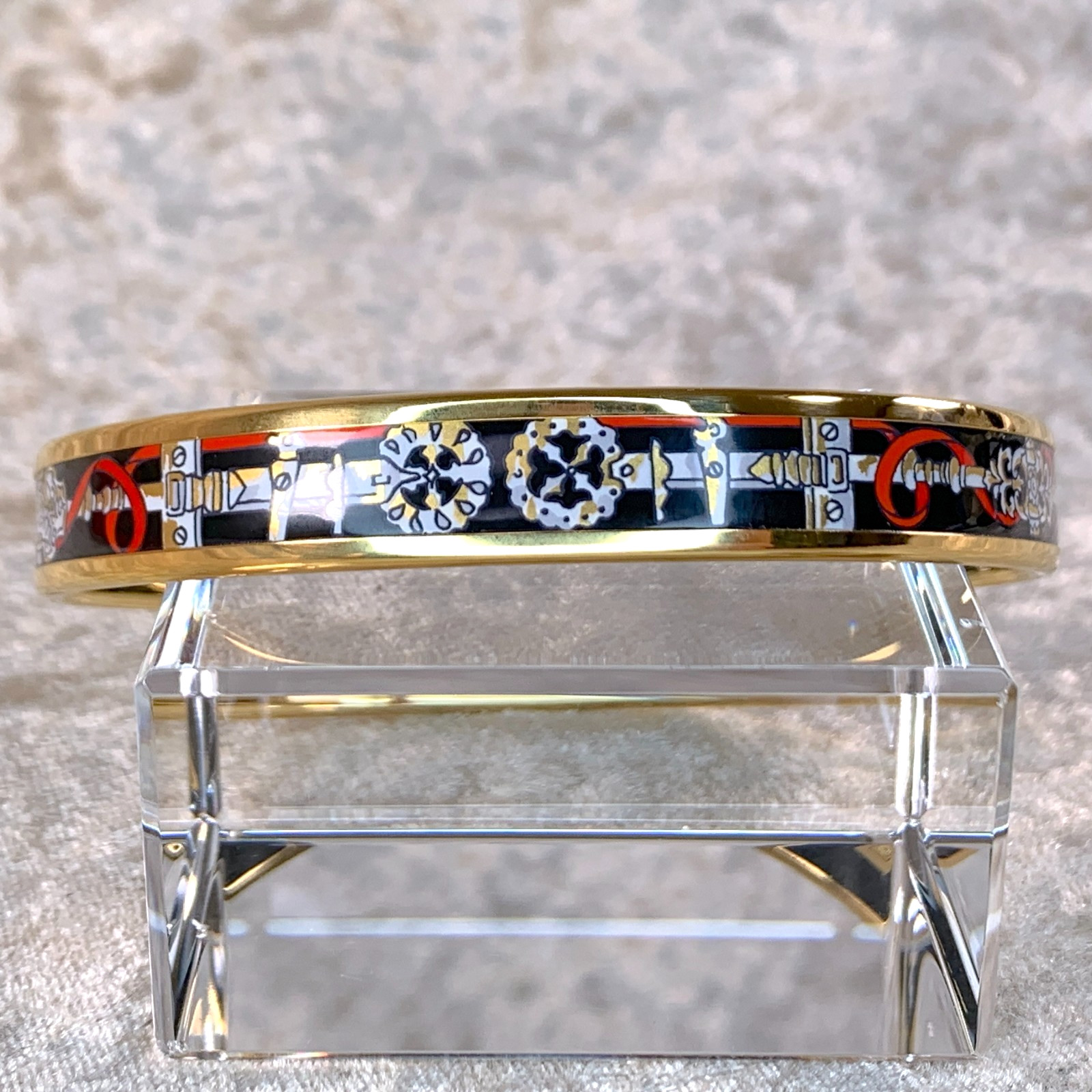 Vintage Hermes Bangle Bracelet Black Red Enamel Gold Rim Size 70 with Box