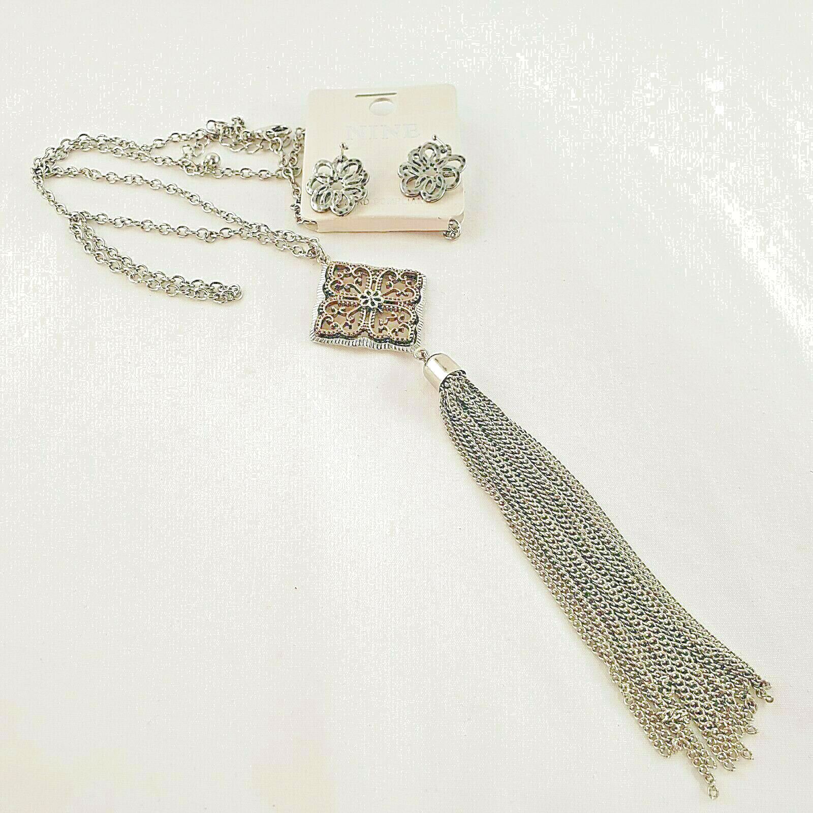 Nine NWT Necklace Long Tassel Pendent French Wire Earrings Bi Color Silver Gold