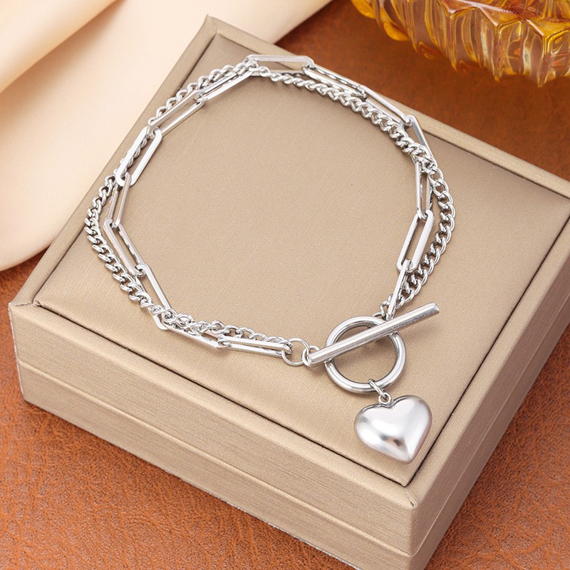 Heart OT Necklace Bracelet Set Stainless Steel Silver Minimalist Couple Jewelry