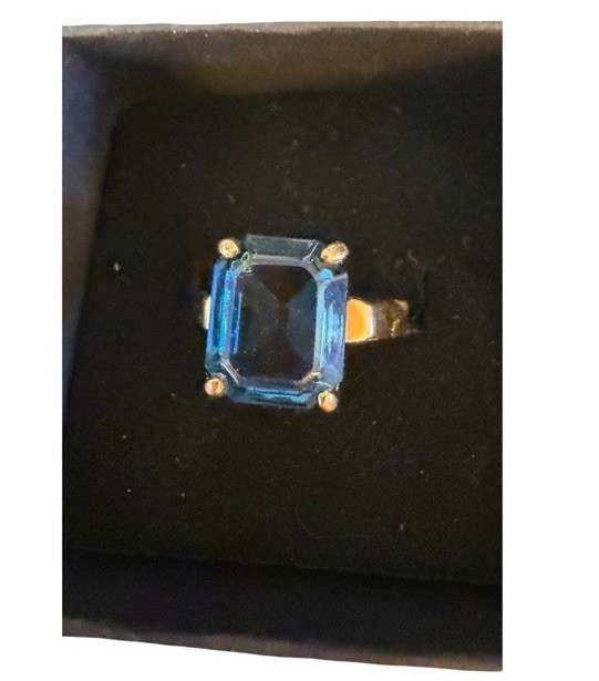 Gold Tone Emerald Cut Blue Ring Earrings Set Jewelry Square Vintage Sz 6.75